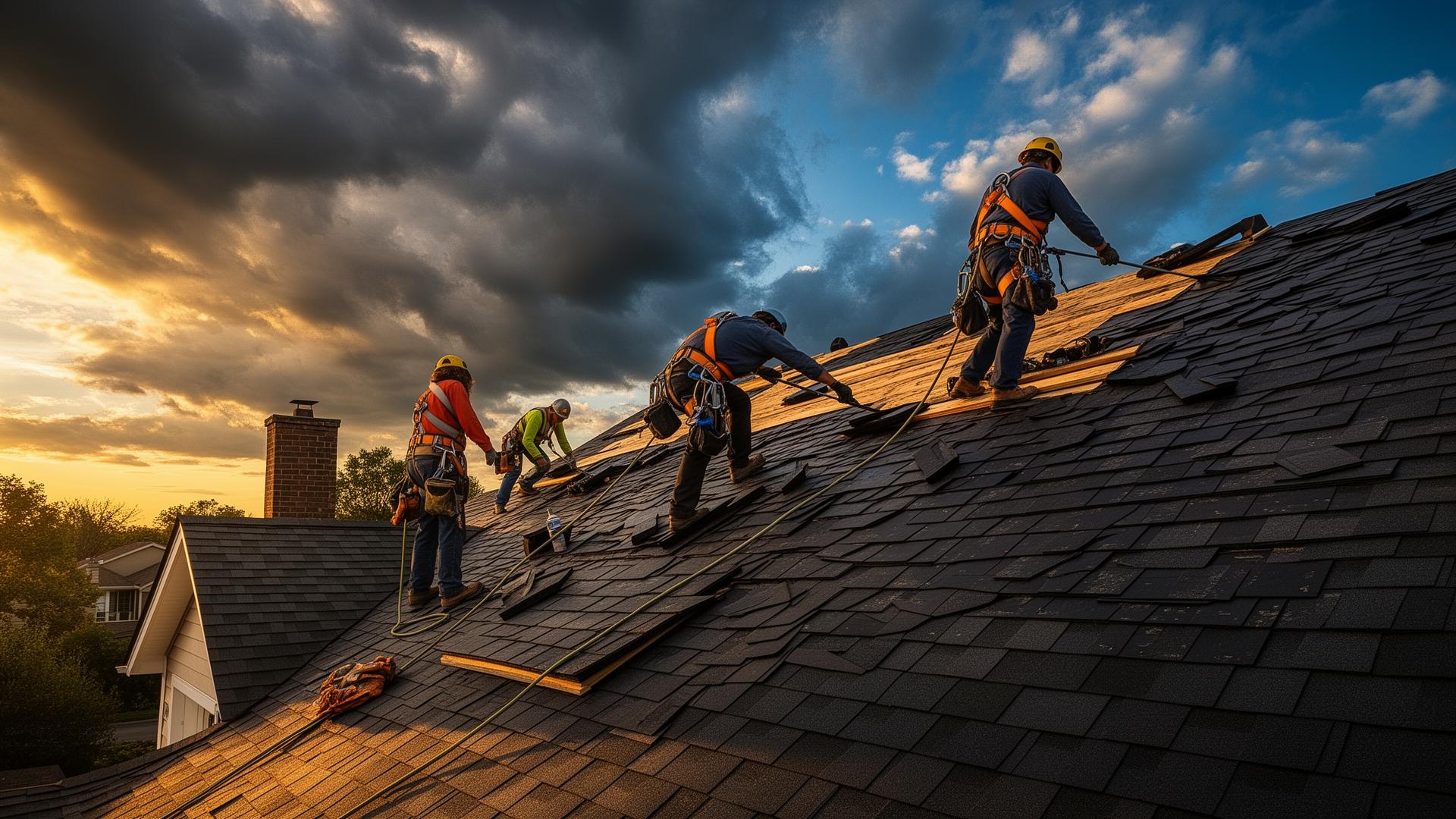 Professional roofing crew installing shingles at sunset